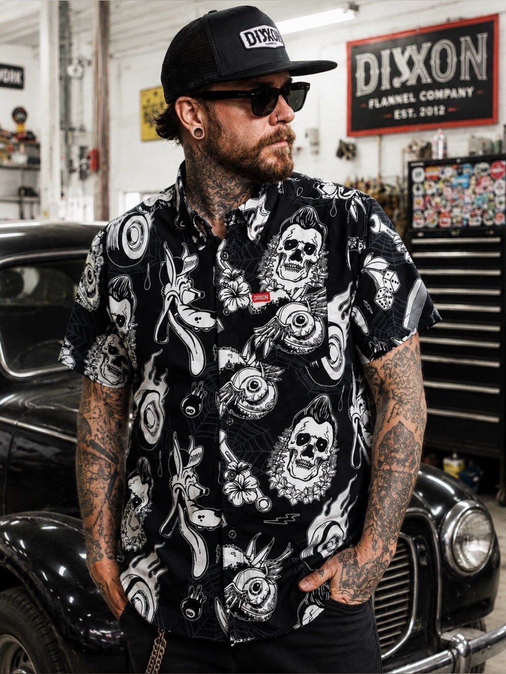 Dixxon Rat Rod Button Front Shirt Mens Med Black Rockabilly Hot Rod Skull Garage